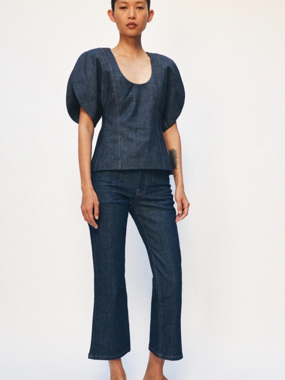 Zara ZW COLLECTION DENIM PUFF SLEEVE BLOUSE